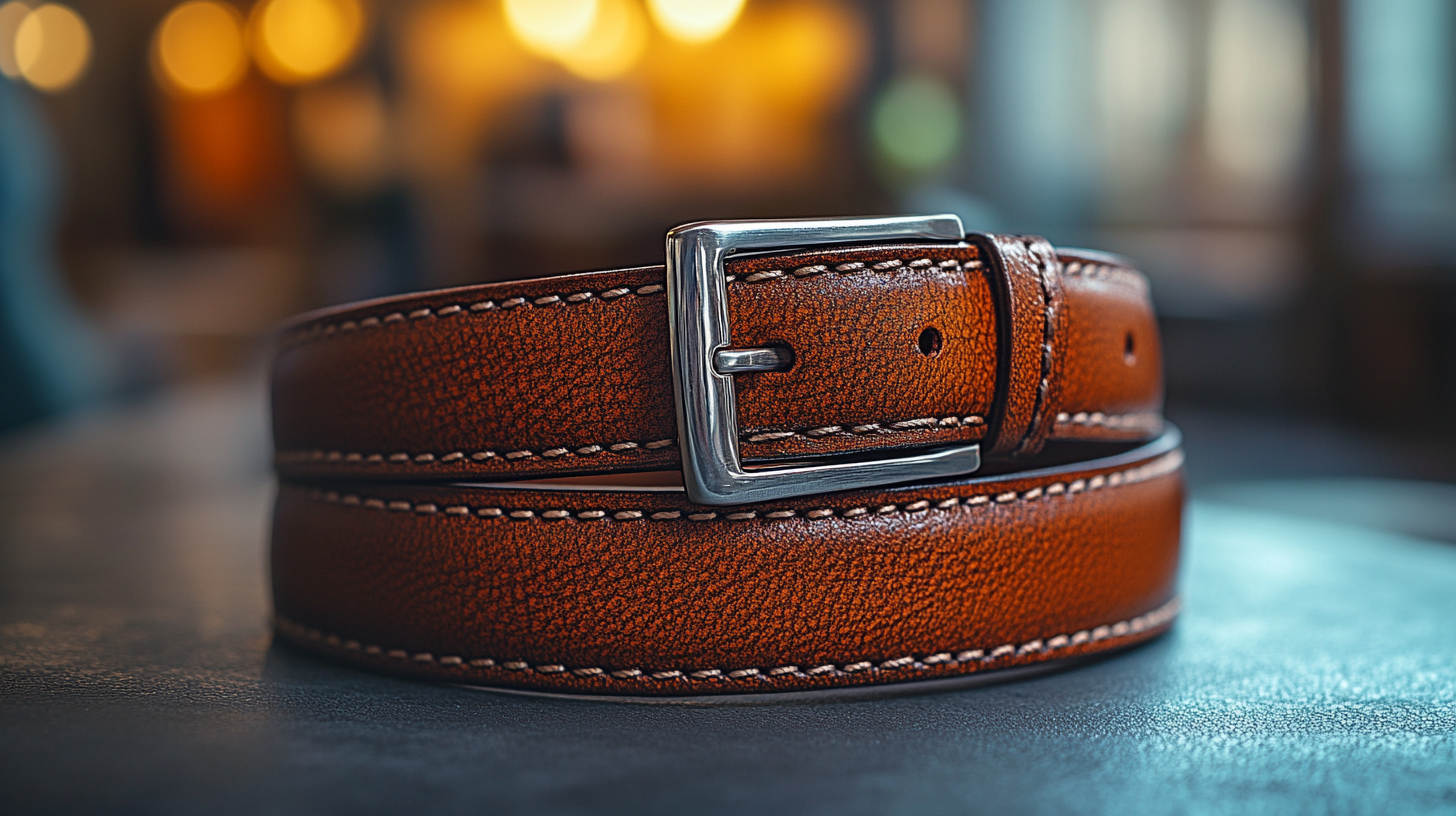 A premium brown leather belt with a silver buckle, rolled neatly on a smooth surface. The leather texture is highlighted with soft lighting, set against a simple, blurred background.