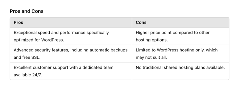 WP Engine pros and cons table
