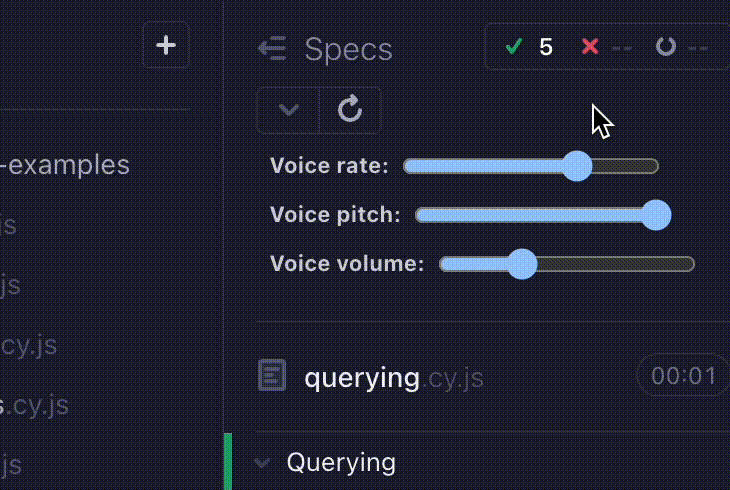 A zoomed-in view of the Cypress App showing three sliders to control voice rate, voice pitch, and voice volume for the Cypress Voice Plugin