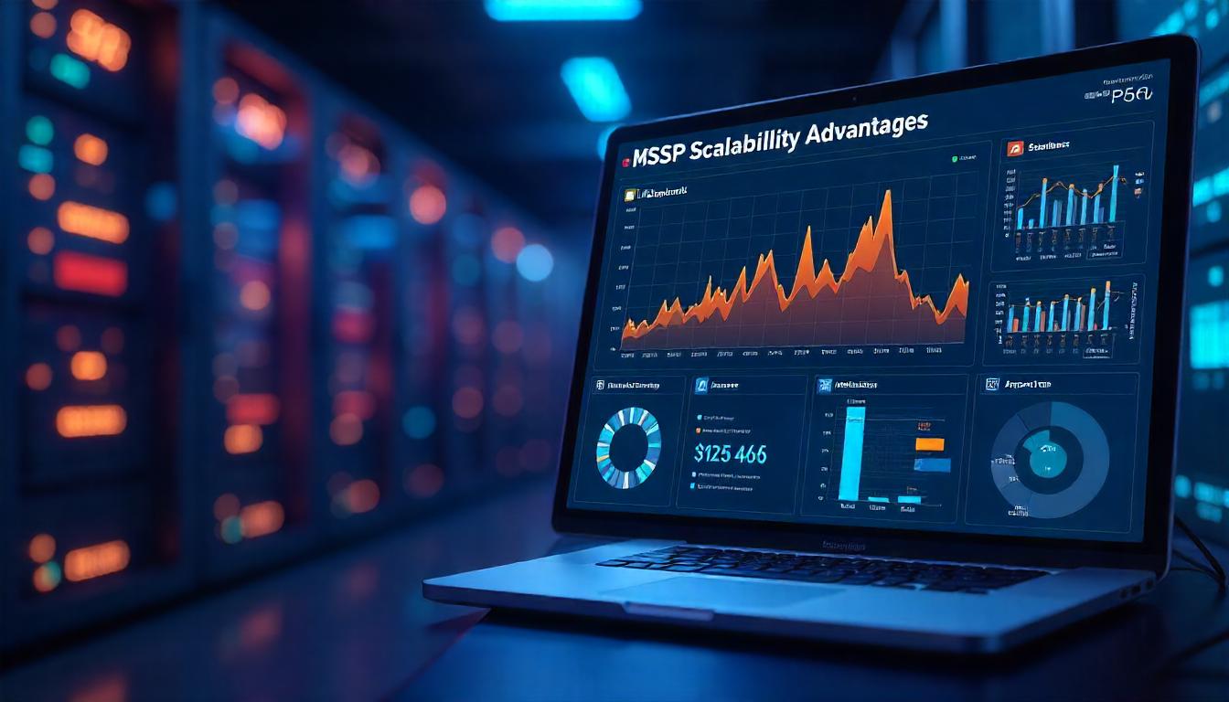 The data-rich dashboard displayed on the laptop screen in this image highlights the MSSP scalability advantages  approach, where a centralized, flexible platform can effectively monitor and secure diverse, rapidly evolving infrastructure.