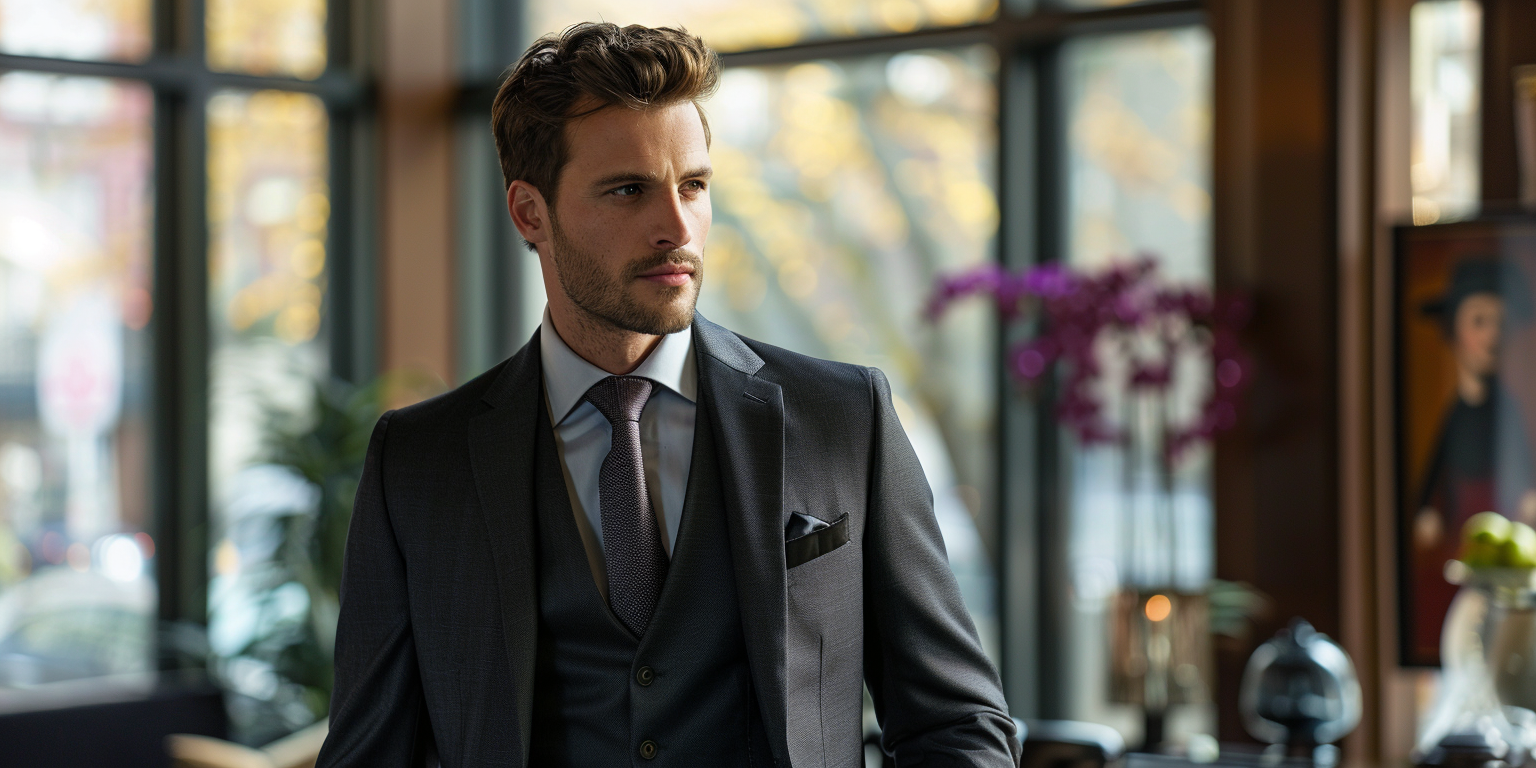 A man wearing a classic three-piece suit, featuring a matching vest, jacket, and trousers in a dark formal color like charcoal or navy. Styled with a dress shirt and tie, the look is elegant and layered. Set in a refined indoor environment like a formal office or event venue, highlighting a sophisticated and complete outfit.