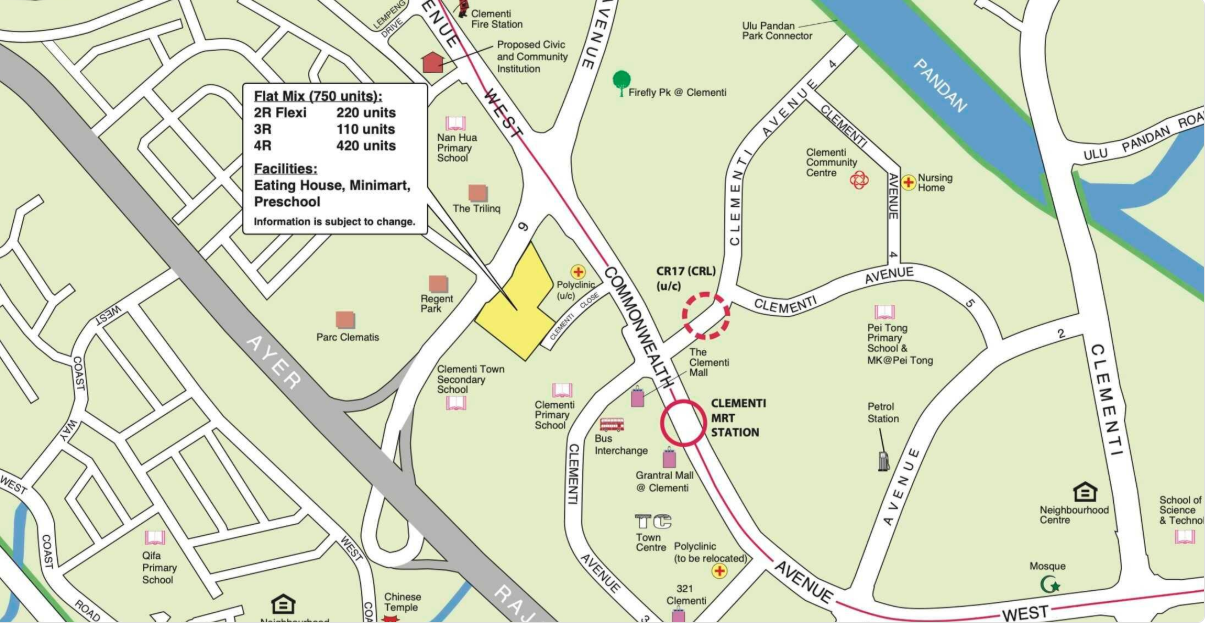Map showing upcoming HDB flats near Clementi MRT