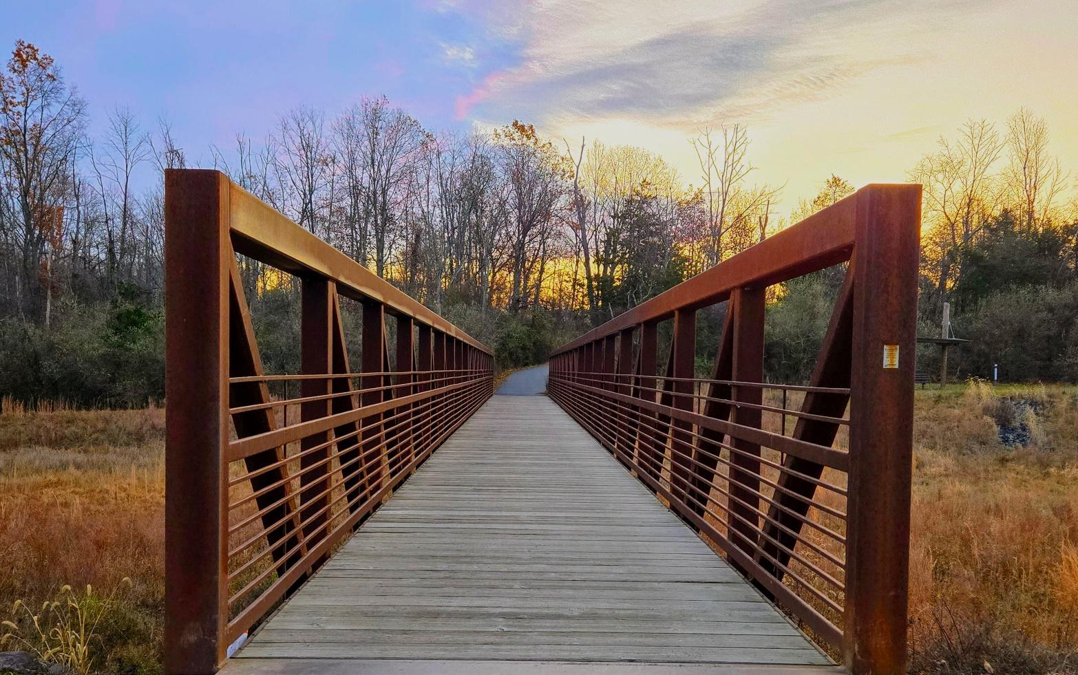 A bridge with a wooden deck and metal railings

Description automatically generated