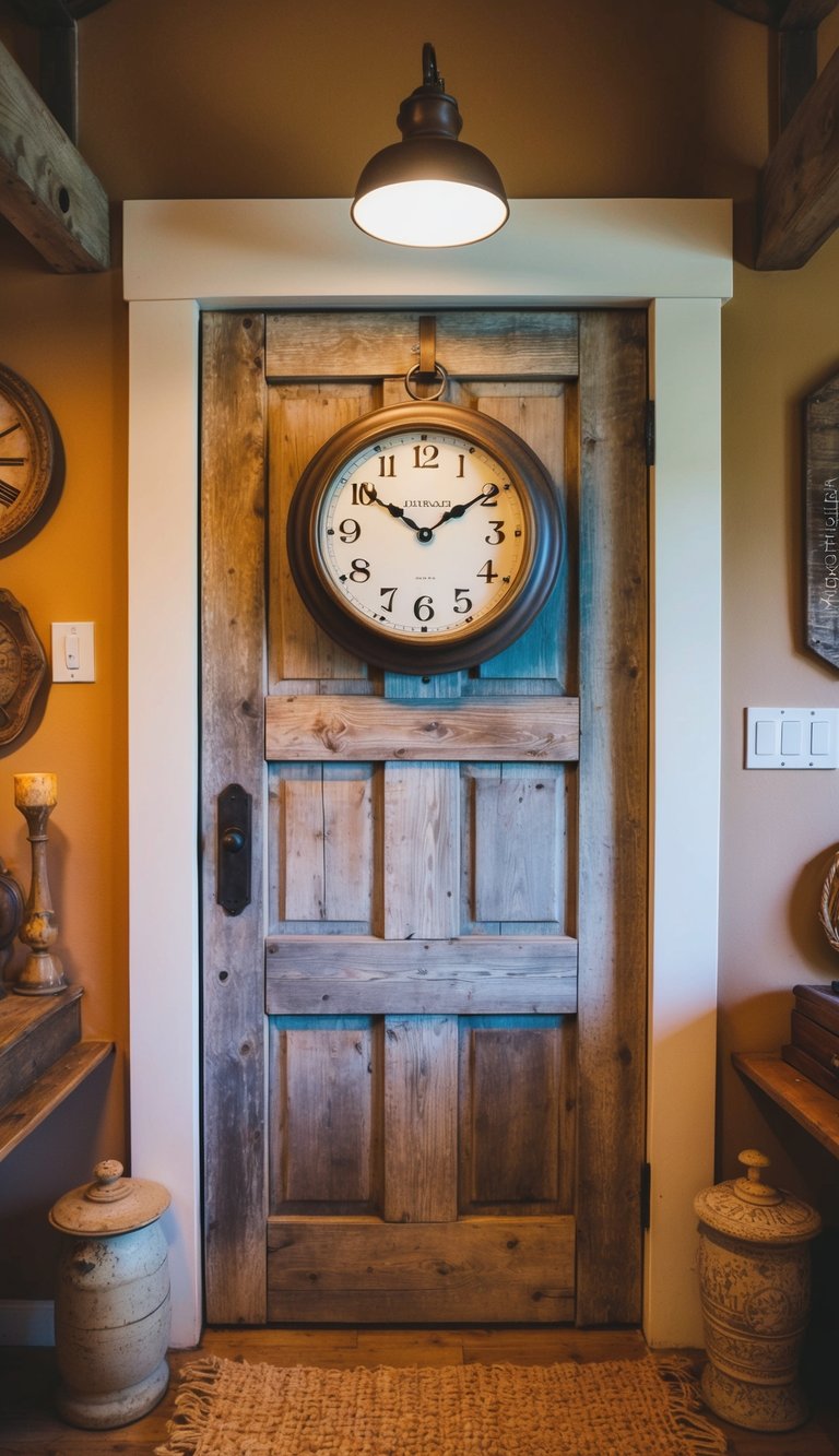 A rustic wall clock hangs above a weathered barnhouse door, surrounded by vintage decor and warm, earthy tones