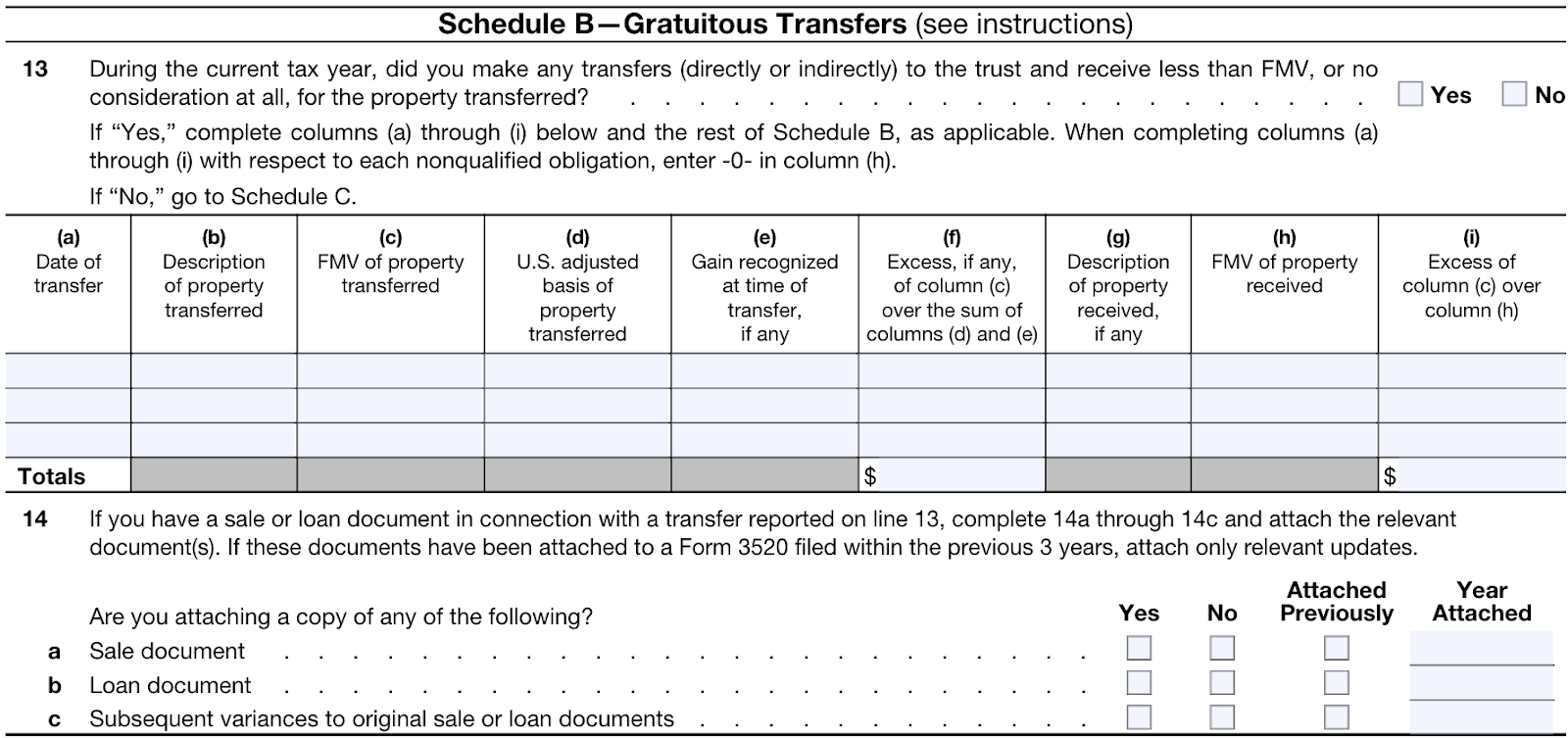 Screenshot of the top half of Schedule B: Gratuitous Transfers section under Part I of Form 3520.