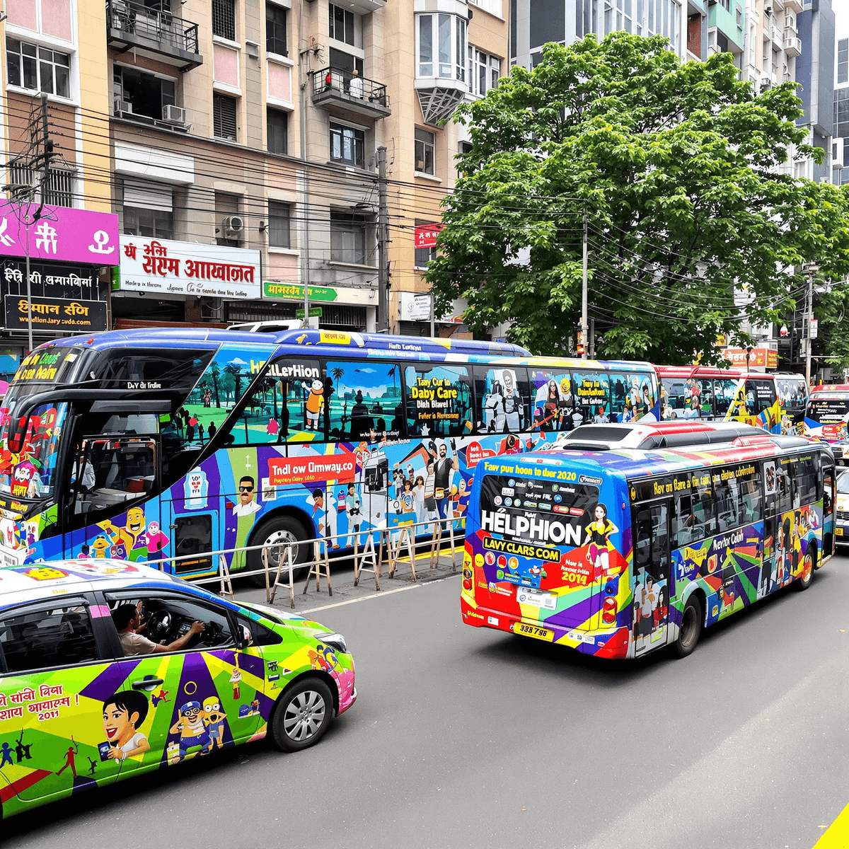 Busy city street with colorful buses and cars covered in bold, vibrant vehicle wraps and advertisements in an urban setting.