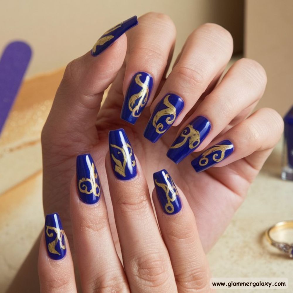 Korean fall nails having Elegant Blue with Gold
