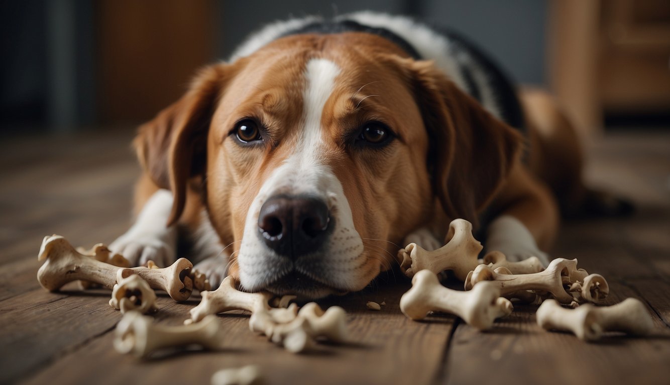 A pile of sturdy, chew-resistant dog bones scattered on the floor, with a large, powerful dog happily gnawing on one