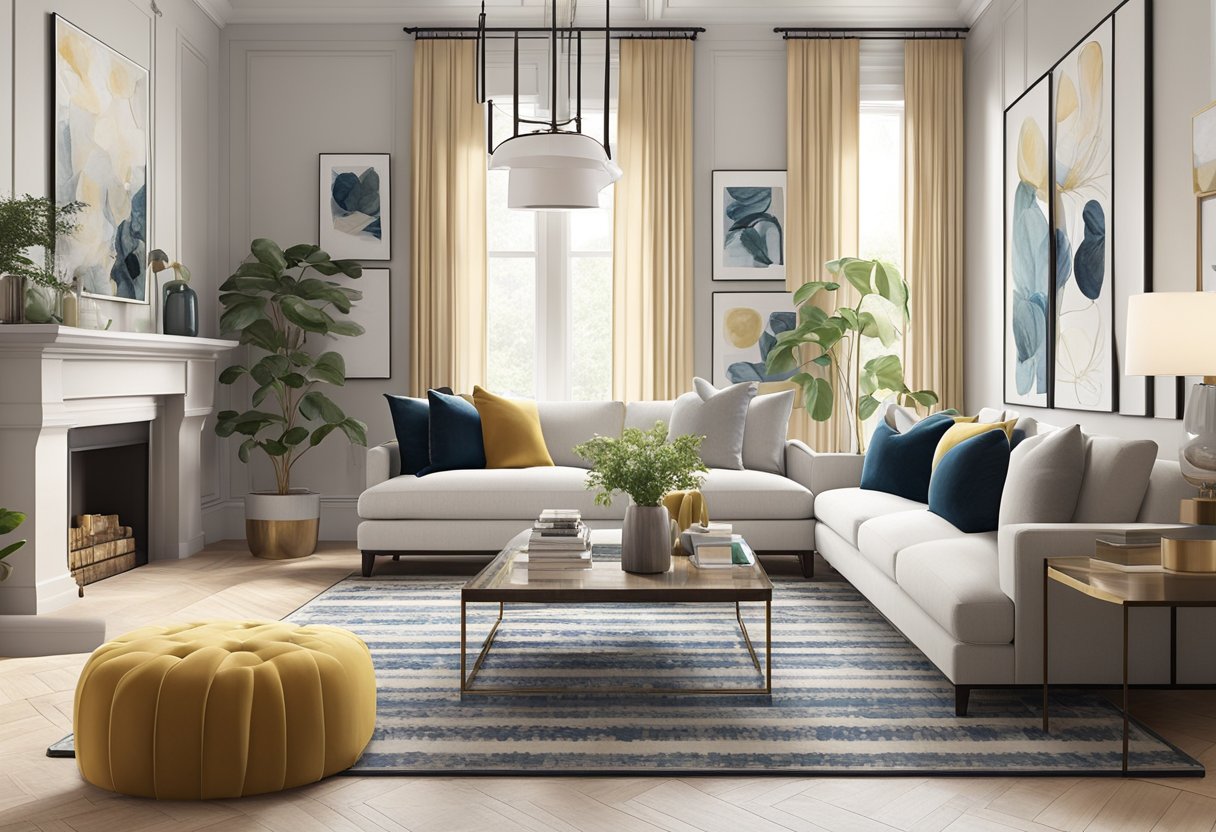 A stylish living room with a gallery wall of affordable frames, featuring elegant artwork and mirrors. A chic rug and modern furniture complete the high-end look