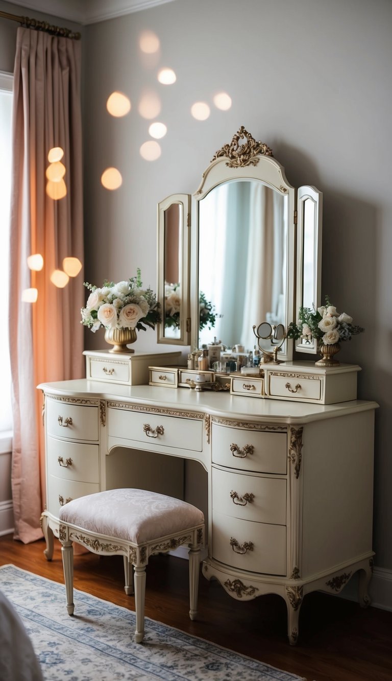 A vintage vanity set sits atop an ornate dresser in a master bedroom, surrounded by romantic decor and soft lighting