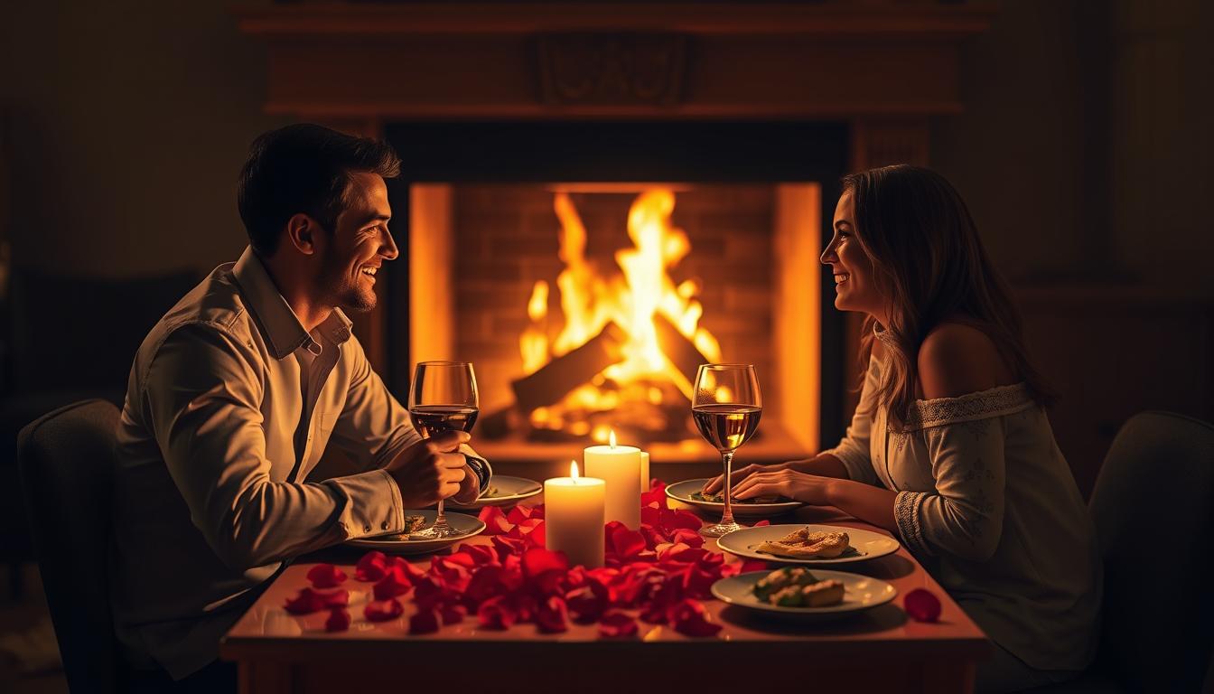 Show two figures, one male and one female, sitting across from each other at a candlelit table. The table is covered in rose petals and there are glasses of wine and plates of food. The couple is smiling and laughing while engaging in conversation. In the background, there is a fireplace with a roaring fire. The image should convey warmth, intimacy, and passion, as if the couple is keeping the spark alive in their relationship through romantic gestures like this one.