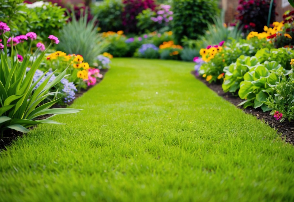 A lush, green lawn surrounded by vibrant flowers and thriving plants, with no sign of chemical pesticides or fertilizers