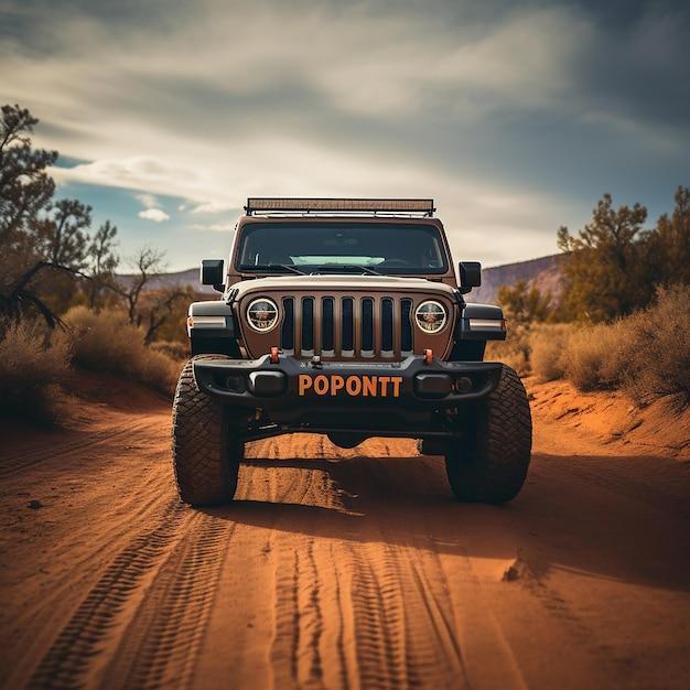 A jeep on a dirt road with the word point on the front