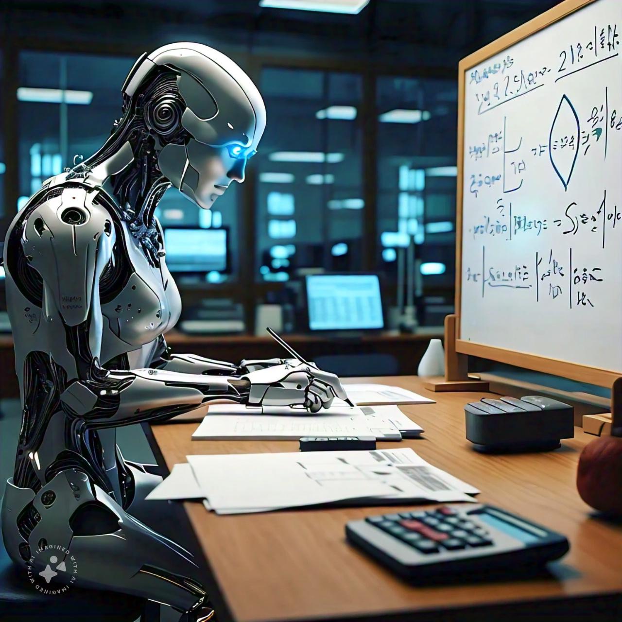 A robot sitting at a desk writing on papers Description automatically generated