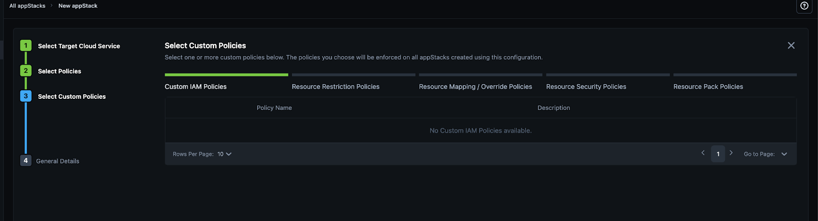 StackGen's Custom IAM Policy Selection screen