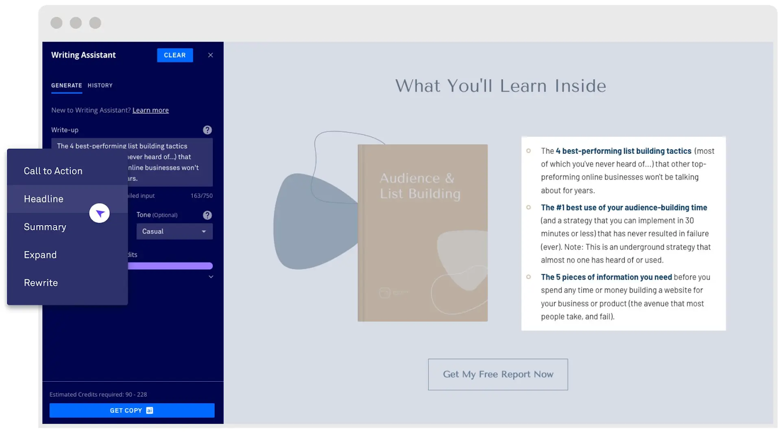 Writing assistance with Leadpages' built-in AI