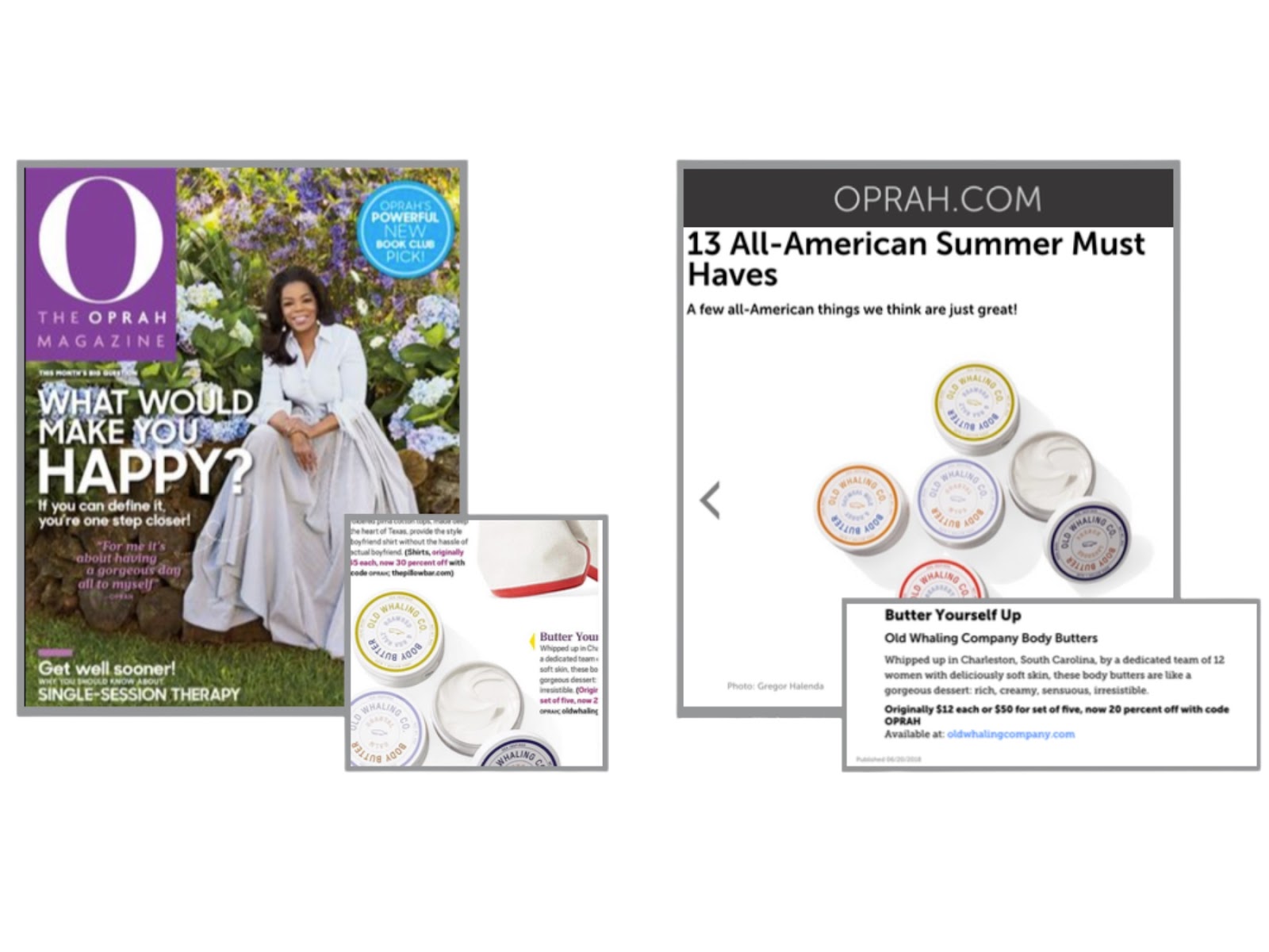 The Oprah Magazine publication featuring Old Whaling Co. five body butter bundle set