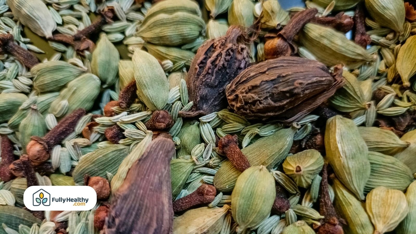 Mixed green and black cardamom with spices and fennel seeds