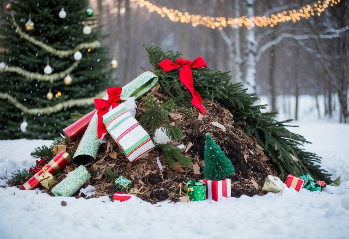 A compost pile with Christmas trees and discarded wrappings surrounded by snow and festive decorations