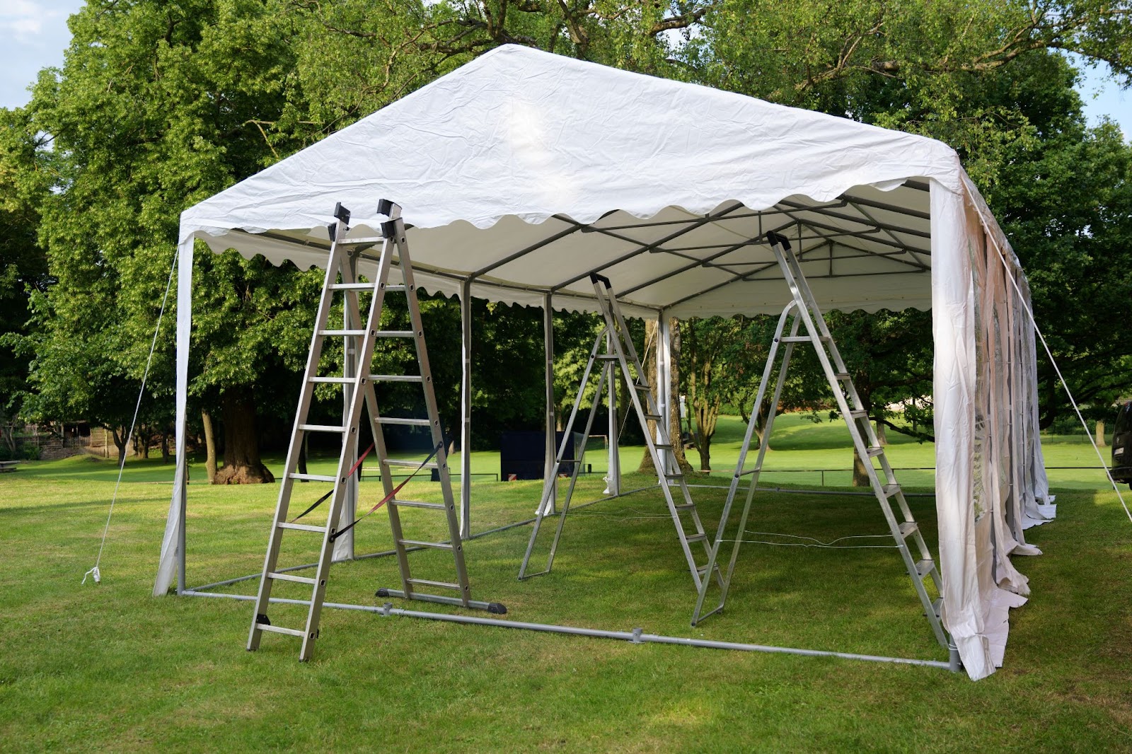 Large party tent in the middle of setup, with three ladders. 