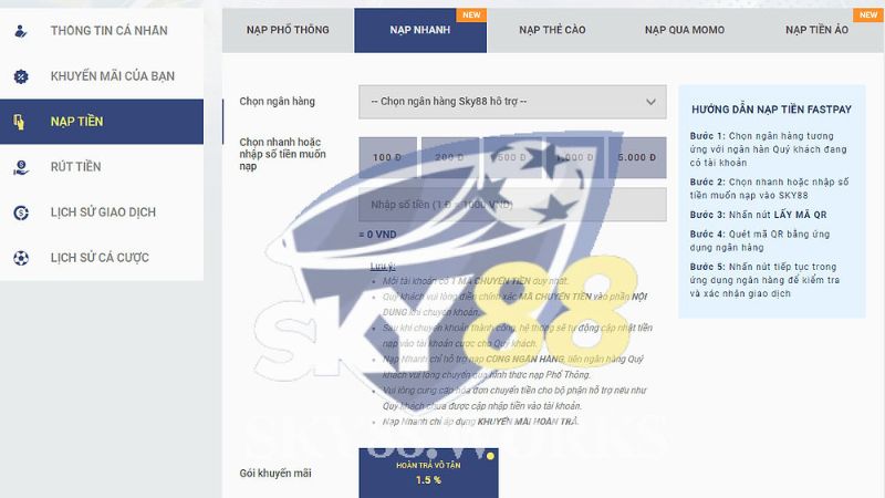 Hướng dẫn nạp tiền sky88