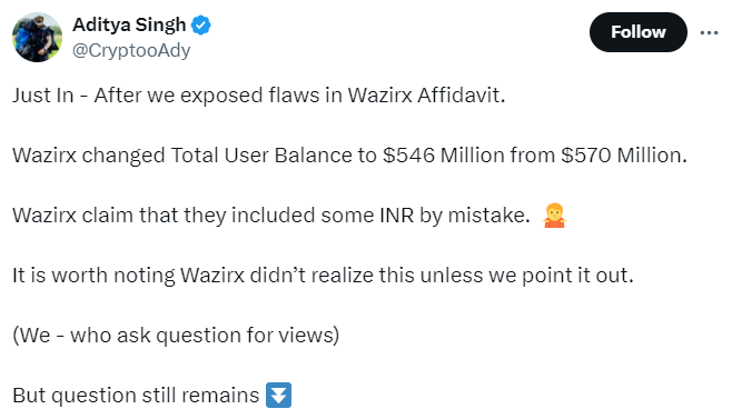 Aditya Singh called out the WazirX discrepancy