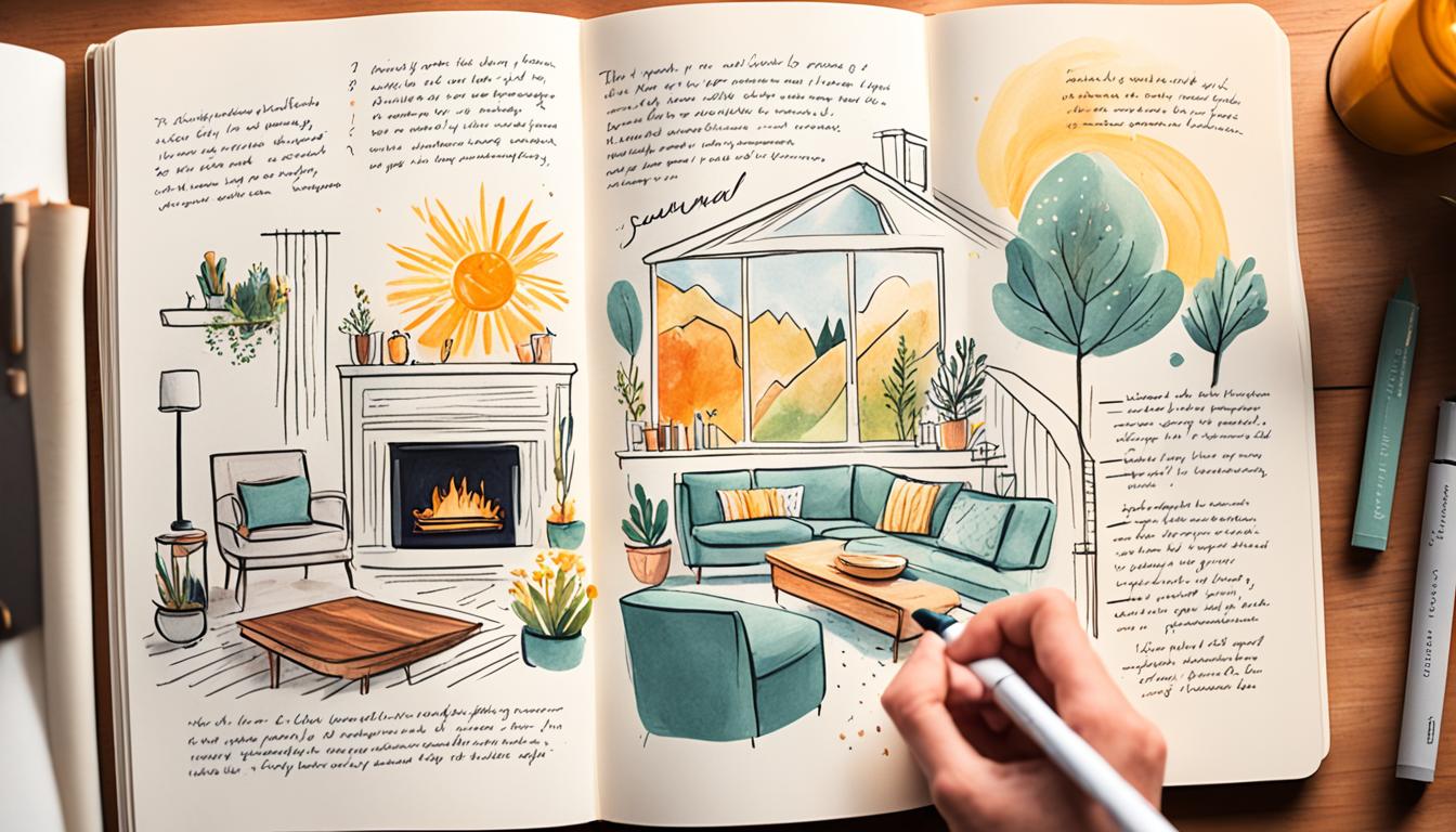 A hand holding a pen, writing in a journal surrounded by illustrations of a dream home - a cozy fireplace, a spacious kitchen, a peaceful balcony, and an inviting living room. Rays of sunshine are shining through the window, highlighting the pages of the journal and creating a warm and uplifting atmosphere. The hand is writing with intention and focus, as if each word written is filled with gratitude for the opportunity to manifest their dream home. The colors are vibrant and cheerful, conveying a sense of optimism and joy.