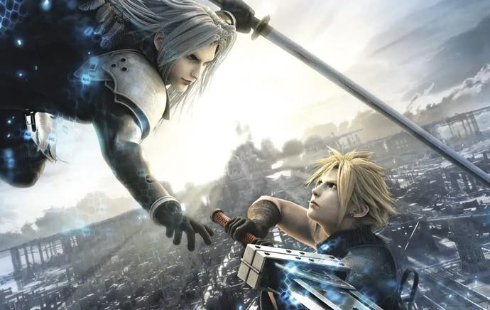 Karya seni untuk film Final Fantasy 7 Advent Children yang menunjukkan Sephiroth dan Cloud saling berhadapan di atas pemandangan kota