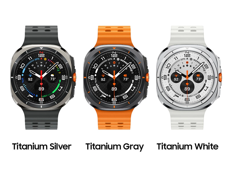 Samsung Galaxy Watch Ultra in three different colors.