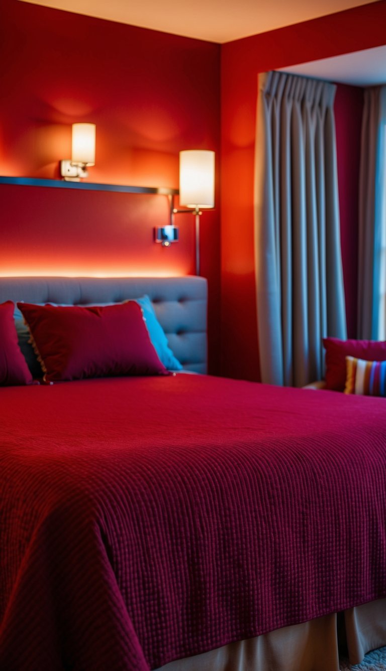 A maroon bedspread covers a queen-sized bed in a cozy red bedroom with warm lighting and rich accent colors