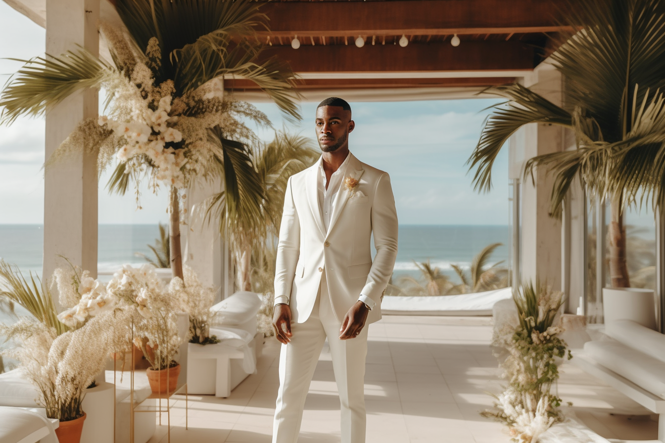 
A groom wearing a modern, tailored white wedding suit, standing confidently in a picturesque wedding setting. The suit is sharp and elegant, with clean lines and an impeccable fit. The setting varies: one version shows a beach wedding with soft waves and golden sands, another depicts a lush garden wedding with vibrant flowers and greenery, and a third presents a formal indoor event with grand chandeliers and a polished floor. The groom’s style is complemented by subtle accessories like a bow tie or pocket square, emphasizing a look that's bold, modern, and sophisticated