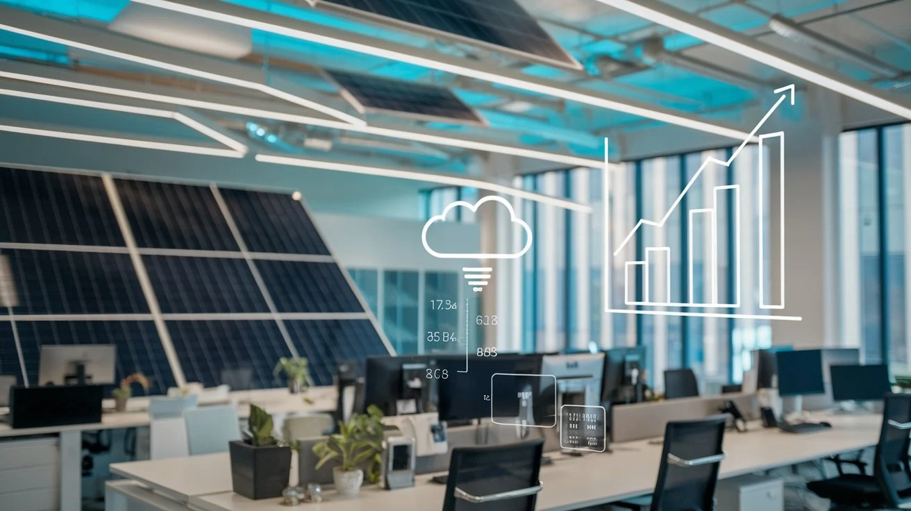 A smart office using energy-efficient cloud services, showcasing cost savings through energy efficiency in the cloud