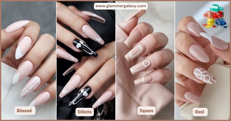 Collage showcasing almond with a French tip, stiletto with black and white accents, square with geometric patterns, and oval with a polka dot design.