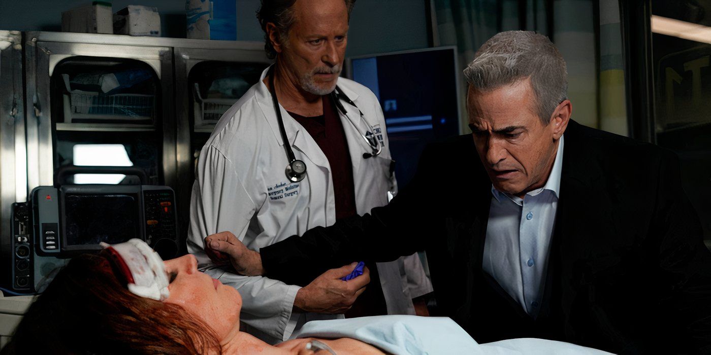 Pascal leaning over Monica's body while Archer stands nearby looking sad in Chicago Fire