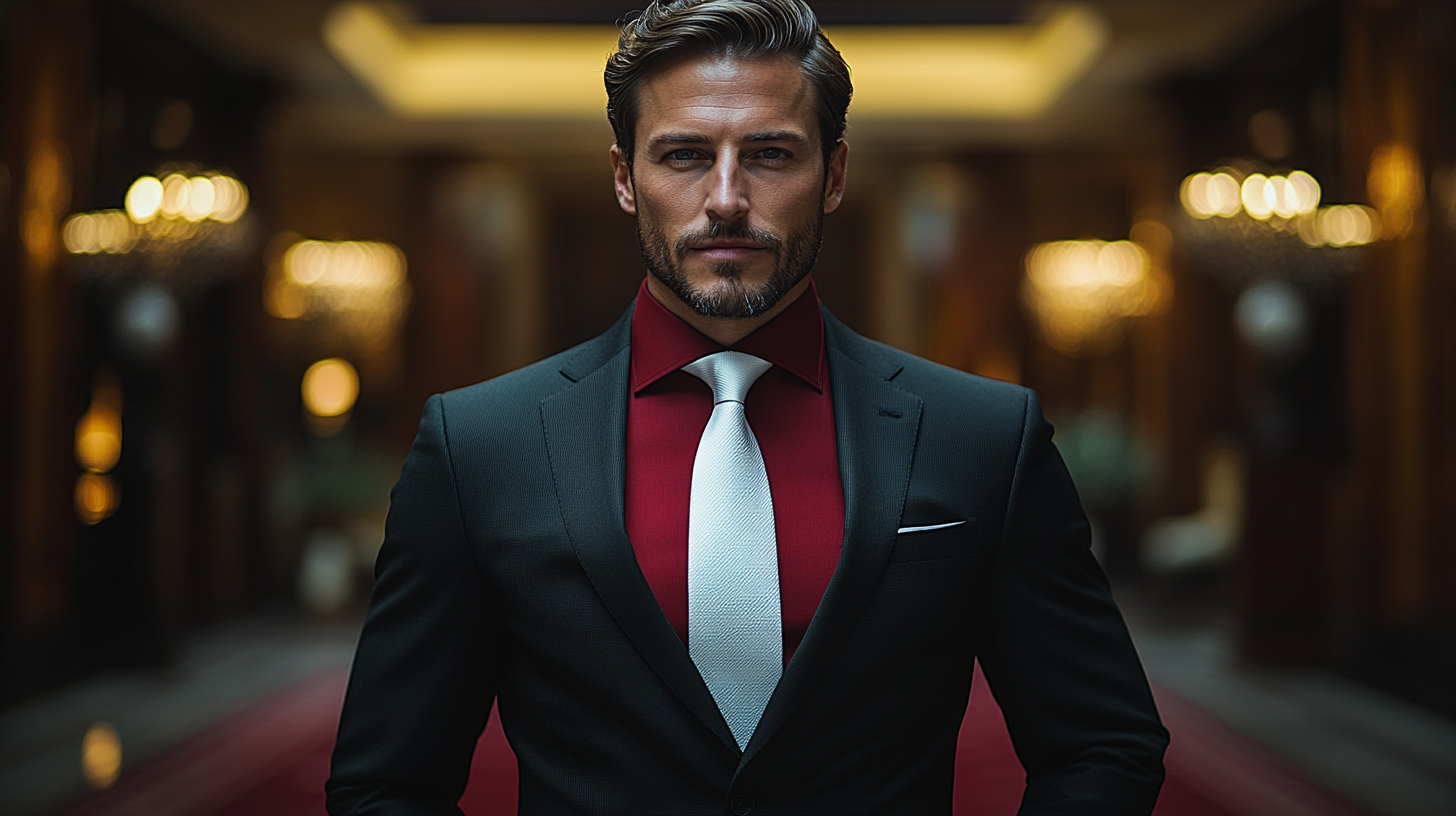 A bold, formal look with a black suit and red shirt, paired with a white tie, standing out with refined elegance, displayed in an upscale, stylish background.