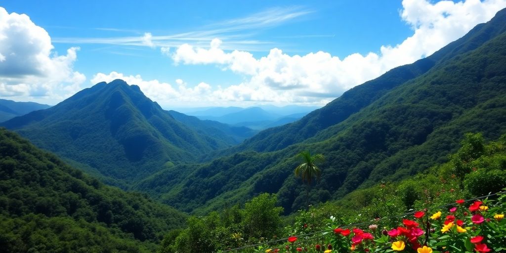 Paysage colombien vibrant avec montagnes et fleurs colorées.