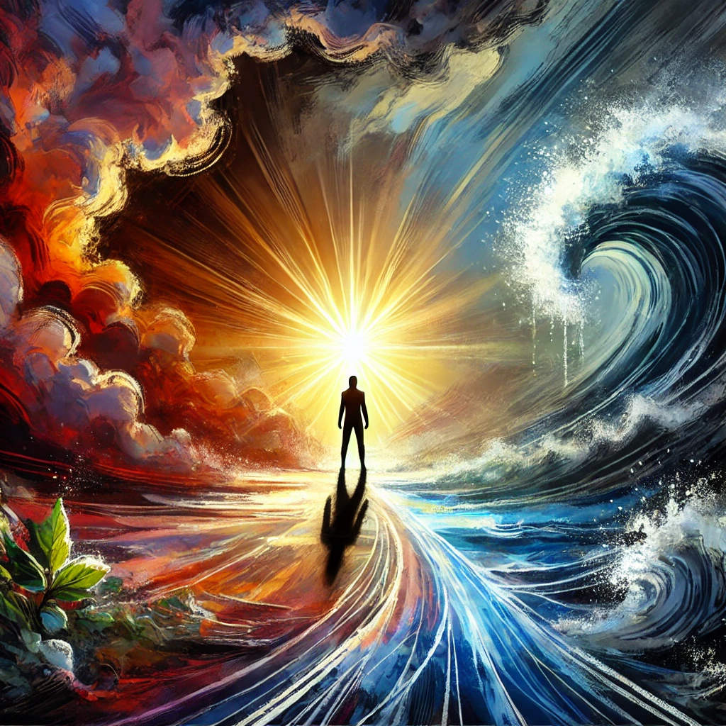 An empowering image depicting a figure standing strong against a storm, with dark clouds representing fear and a rising sun breaking through to symbolize the power of affirmations. A path leads from the dark, stormy area into a brighter, more uplifting space, representing the journey of conquering fear through positive affirmations. The overall mood is one of resilience, hope, and empowerment.