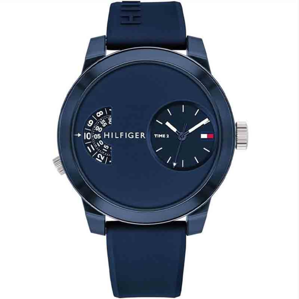 Tommy Hilfiger Men’s Quartz Silicone Strap Blue Dial 44mm Watch 1791556 showcasing a sporty vibe