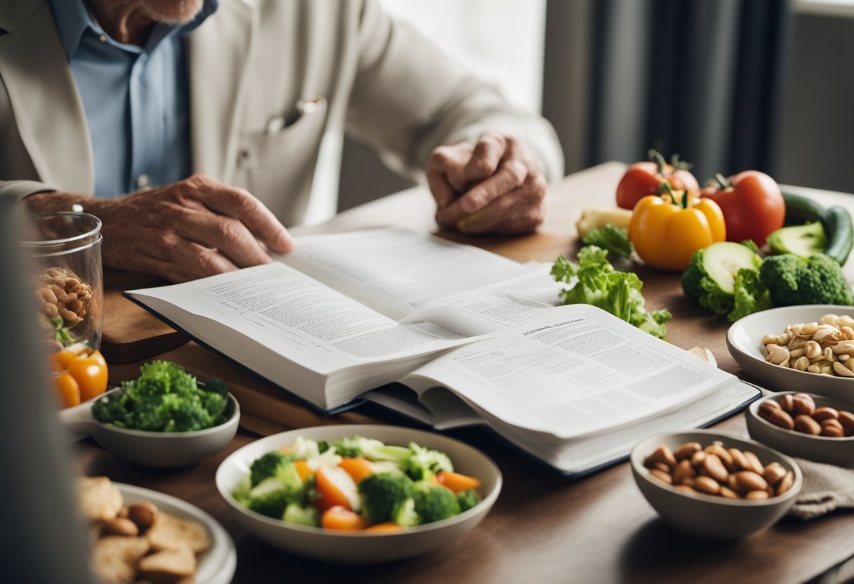 A table set with healthy, low-carb foods like vegetables, meats, and nuts. A senior reading a keto diet plan book with a smile