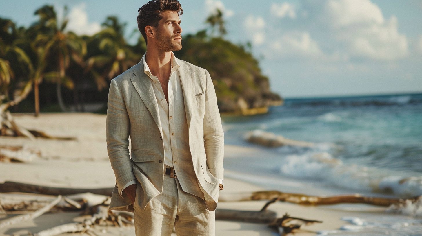Man wearing a light beige or soft blue linen suit, no tie, unbuttoned shirt collar, loafers or barefoot on a beach or tropical setting, relaxed summer vibe, destination wedding style