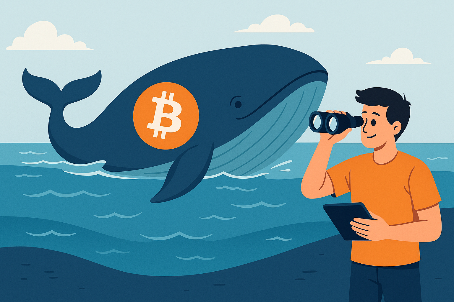 Depiction of how to track crypto whales, showing a person tracking a whale with a bitcoin symbol