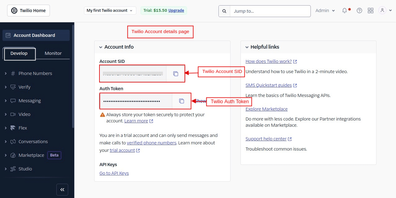 twilio account details page