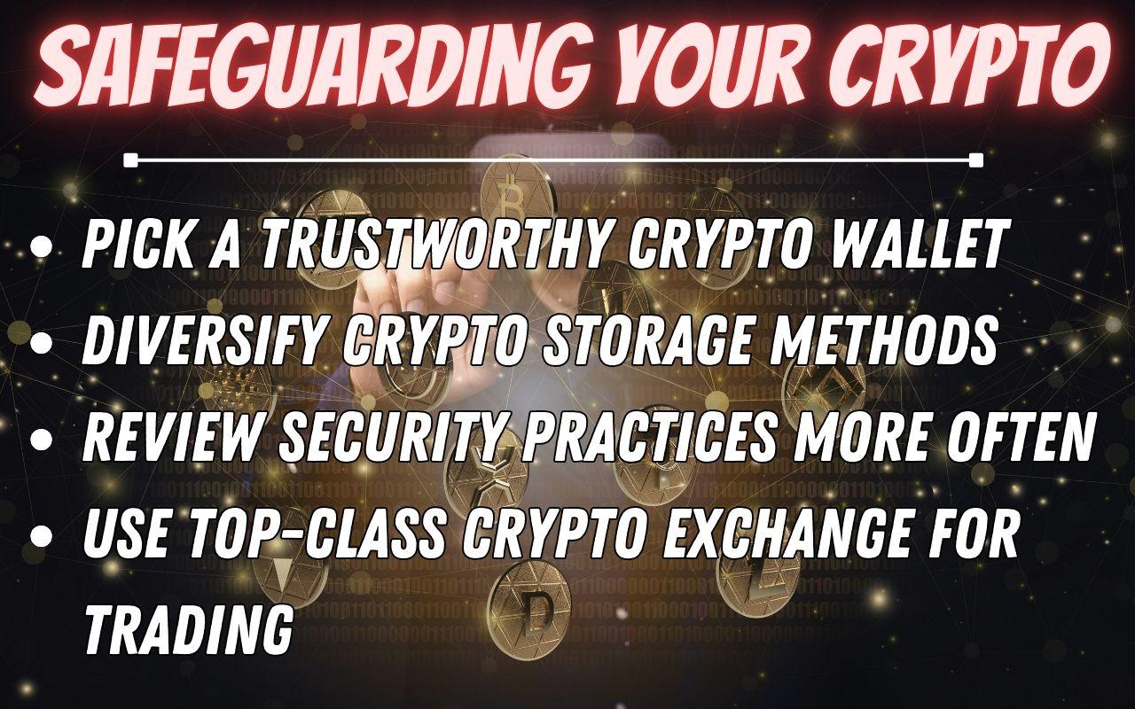 Tips for safeguarding cryptocurrency: choose a trustworthy wallet, diversify storage, review security, use top exchanges.