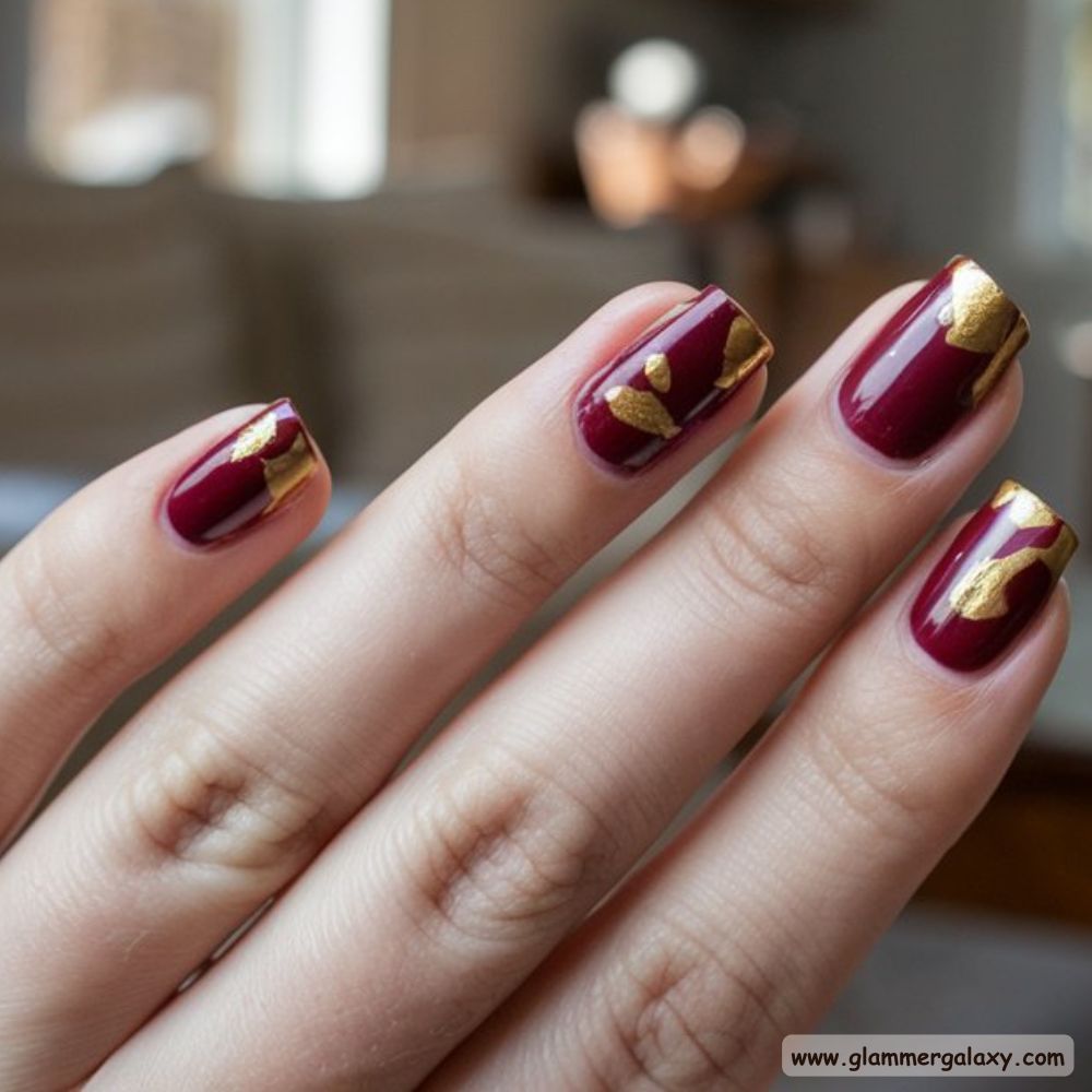 Thanksgiving Nail Designs having Cranberry and Gold Elegant Nails
