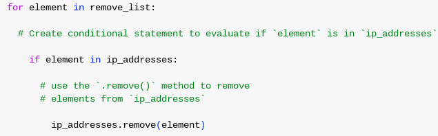 Screenshot of Python code that incorporates a conditional and the .remove() method into the body of the for loop