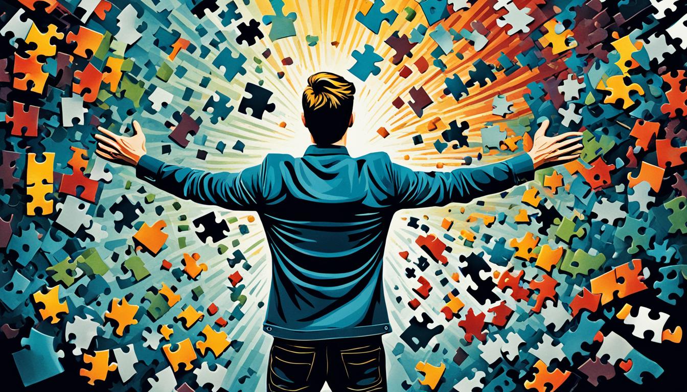 An image that conveys the idea of limiting beliefs holding someone back from attracting wealth. Use abstract imagery, such as a person standing behind a wall or a puzzle missing pieces, to represent the barriers preventing the manifestation of abundance. The colors should be dark and muted to reflect the negative energy of these beliefs. Add elements that symbolize transformation and growth, such as plants or birds, to show how breaking through limiting beliefs can lead to abundance and success.