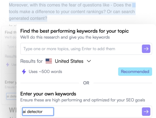 Writesonic's keyword analysis. 