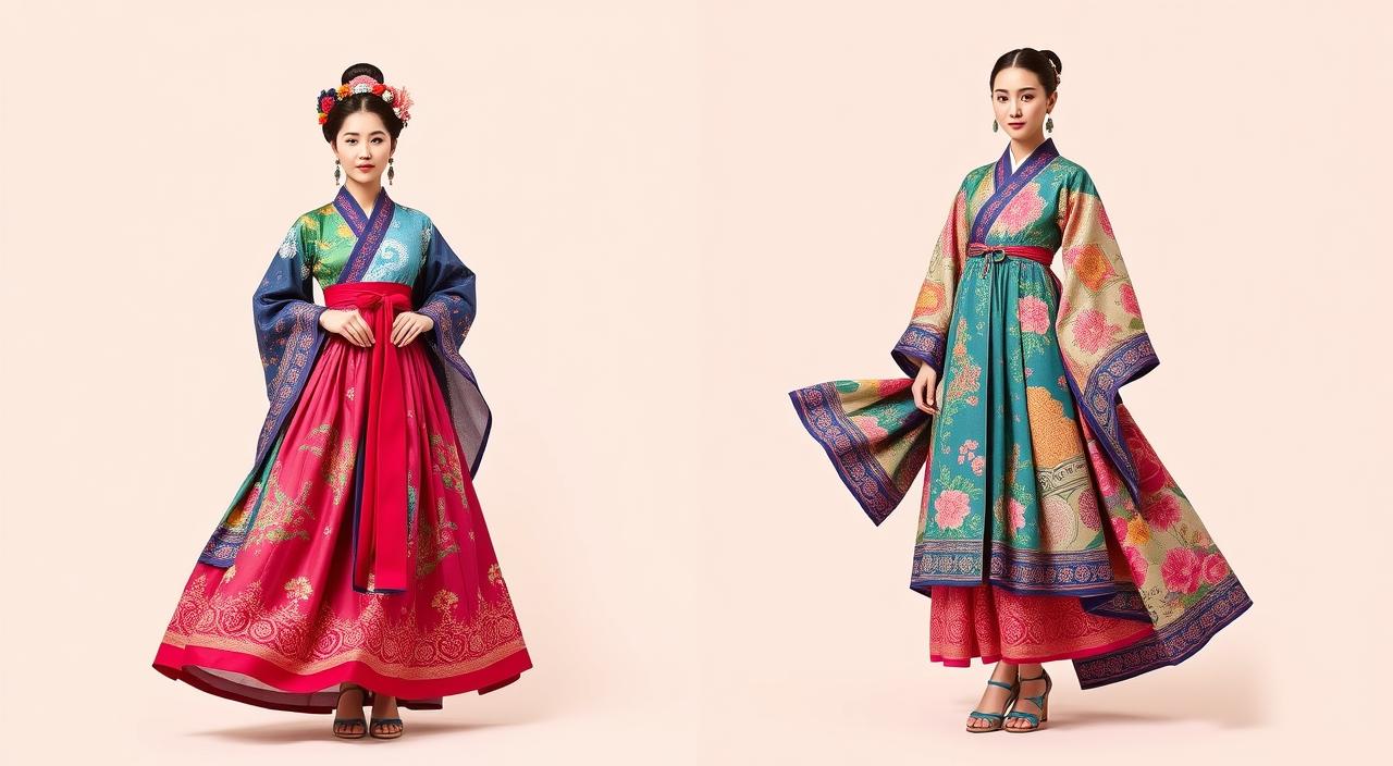 A vibrant hanbok blending traditional elements with modern fashion, featuring intricate patterns and bold colors, set against a soft pastel background, showcasing a flowing silhouette and detailed accessories.