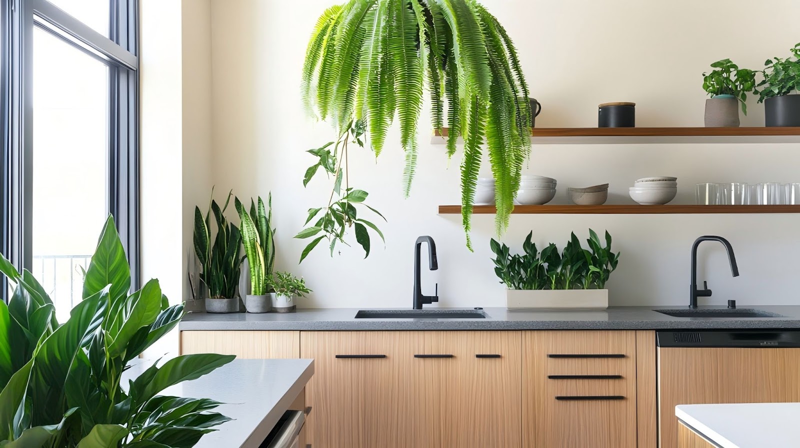 Kitchen with light wood cabinets and multiple air-purifying plants like Boston ferns and snake plants to reduce indoor formaldehyde.