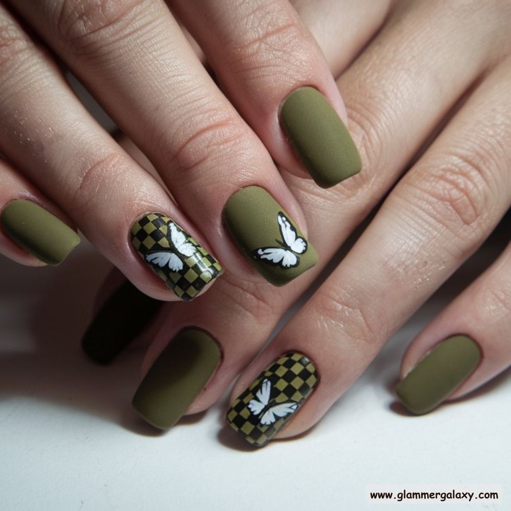 Olive green nails with Butterflies and Checkerboards for Whimsy